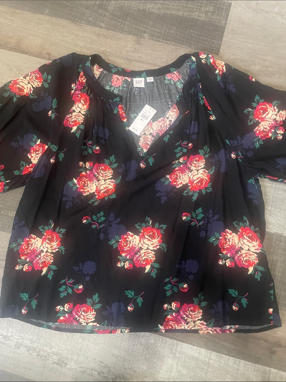 GAP Black Floral V-Neck Peasant Blouse
